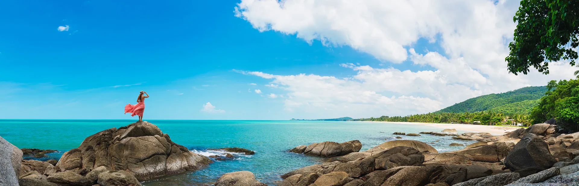 Tropical island beachfront with rocks