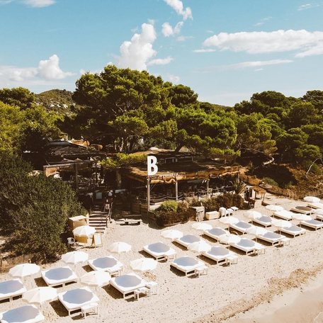 Elevated view of sun loungers at Beso Beach Ibiza