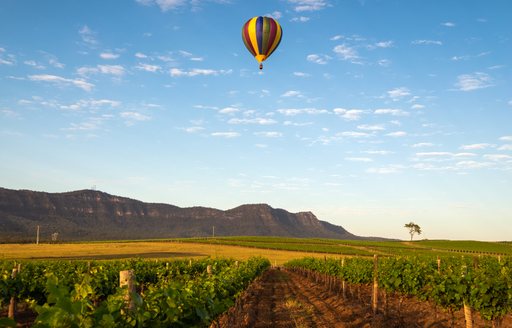 Hot air balloons against a rising morning sun in the mountains in Yarra Valley, Australia